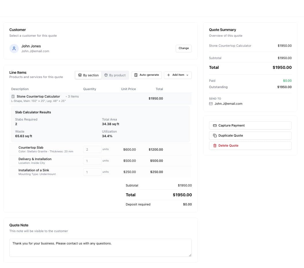 TailorQuote dashboard showing quote details and slab calculator results