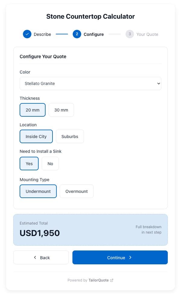 Step 2: Configure stone options and see live pricing