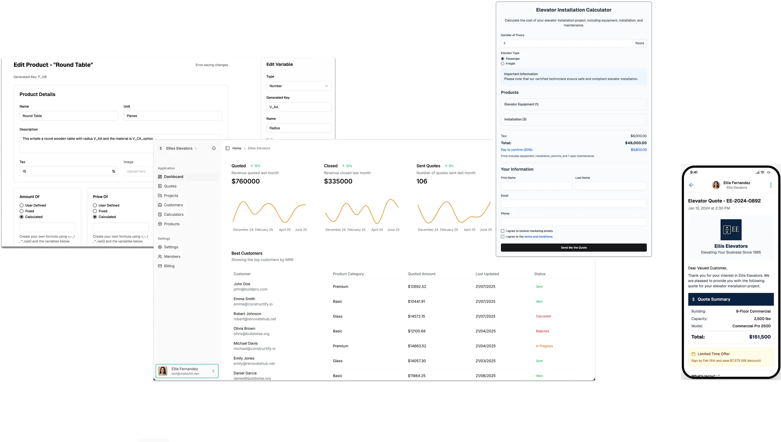 A screenshot of a dashboard and other pages showing the flow of using the tailorquote quote creation widget