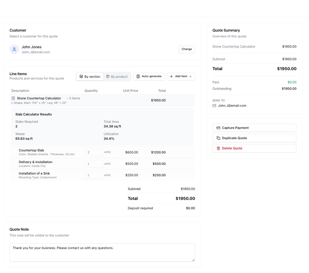The slab calculator dashboard showing quote management